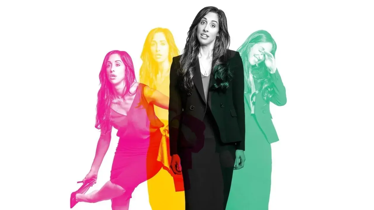 Die Besetzung von Workin' Moms in verschiedenen bunten Darstellungen, die verschiedene Emotionen und Situationen zeigen.