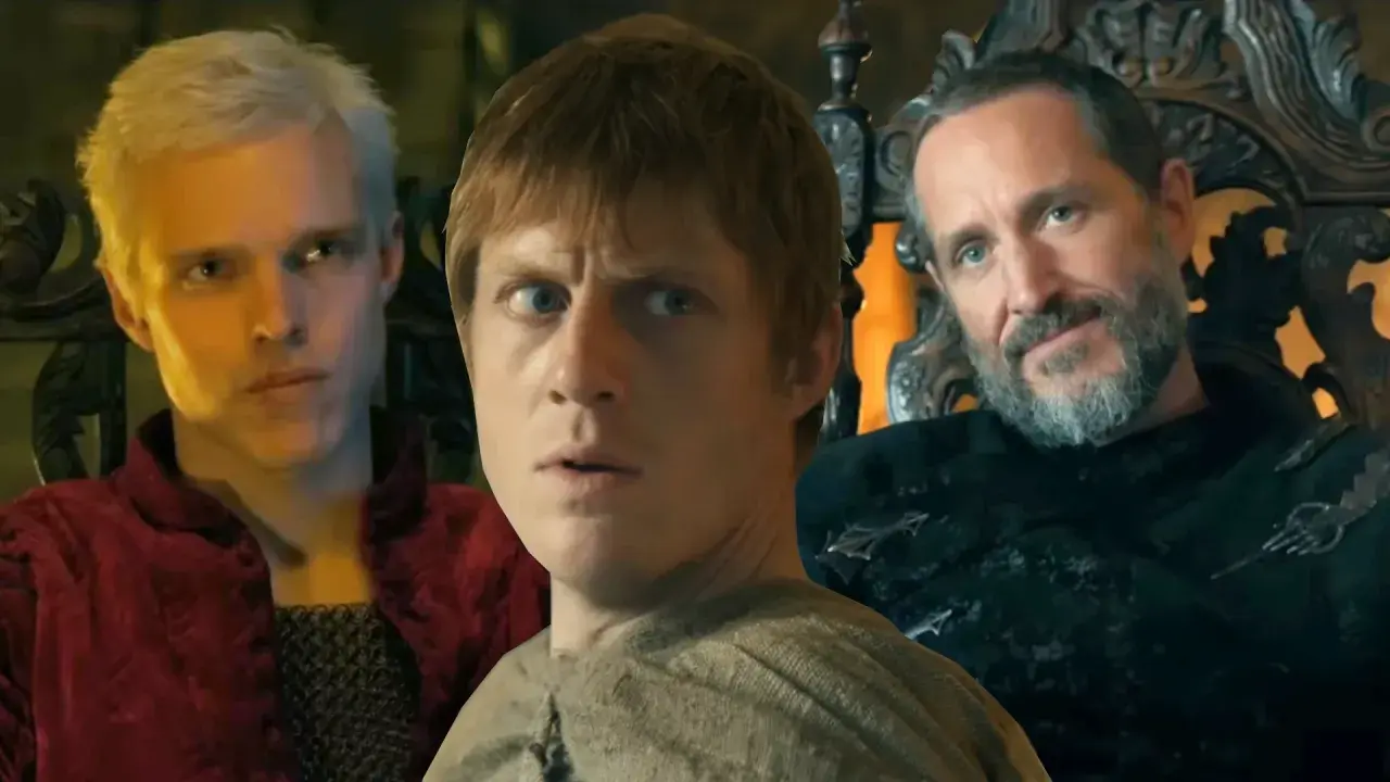 Besetzung von A Knight of the Seven Kingdoms: Drei Männer mit ernsten Mienen, einer in rotem Gewand, einer in Leinen, und ein bärtiger Mann auf einem Thron.