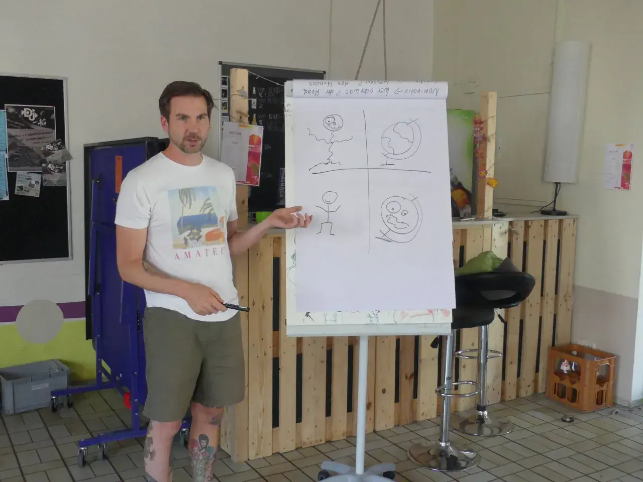 Mann erklärt eine Zeichnung auf Flipchart, die einen lustigen gag witz darstellt.