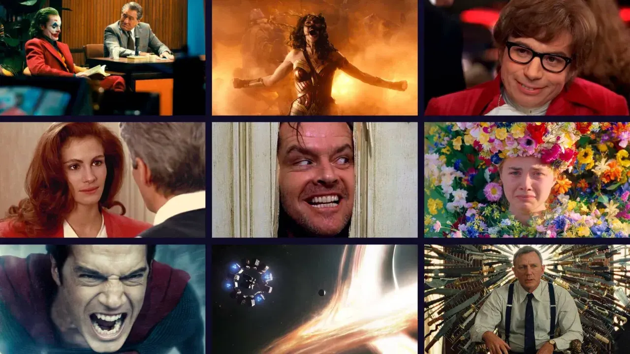 Collage mit Szenen aus verschiedenen Filmen: Joker, Wonder Woman, Austin Powers, Pretty Woman, Shining, Midsommar, Superman, Interstellar, Knives Out. Eine film genre liste.