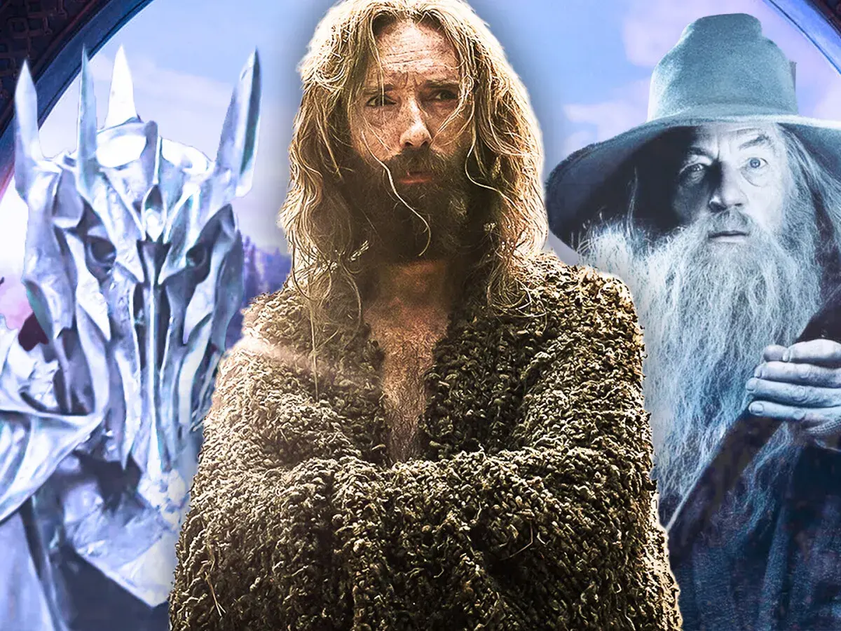 Der Herr der Ringe: Die Ringe der Macht – Sauron, ein Mann in Lumpen und Gandalf blicken uns entgegen.