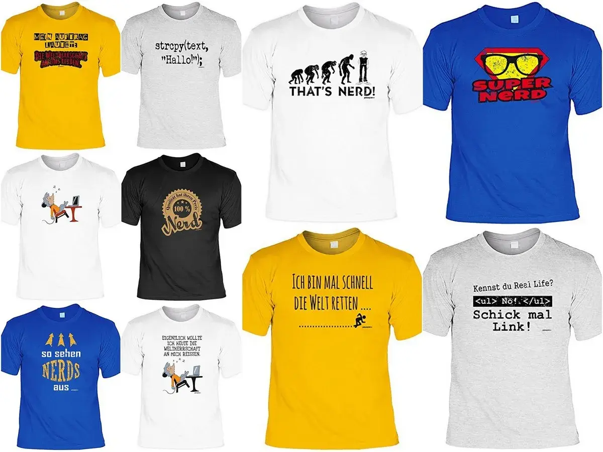 Viele T-Shirts mit nerdigen Sprüchen. Kennste kennste? Eines sagt "Super Nerd", ein anderes "So sehen Nerds aus".