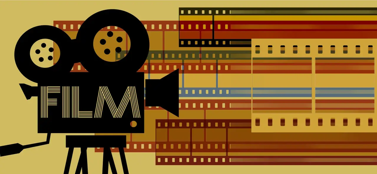 Vintage Filmkamera mit dem Wort "FILM" und Filmstreifen, die eine Liste von Filmgenres andeuten.