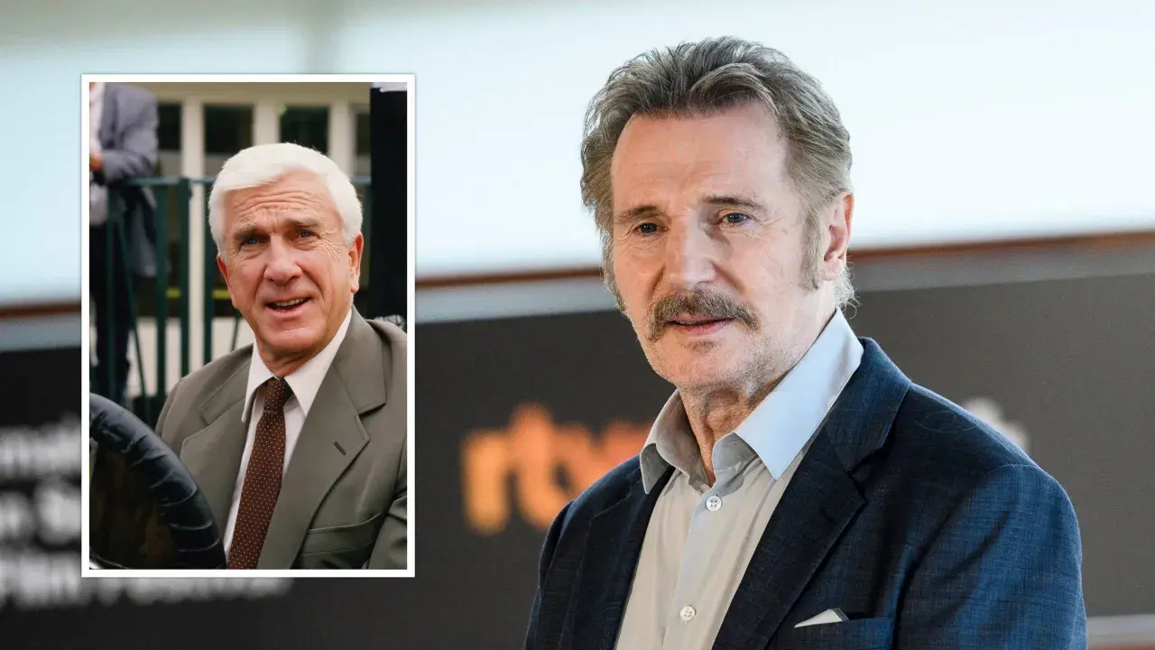 Links: Leslie Nielsen, Star der besetzung von die nackte kanone. Rechts: Liam Neeson.