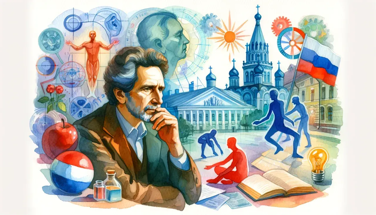 Porträt eines nachdenklichen Mannes vor einer Collage aus wissenschaftlichen Symbolen, russischer Architektur und tanzenden Figuren, die an das Stanislawski Theater erinnern.