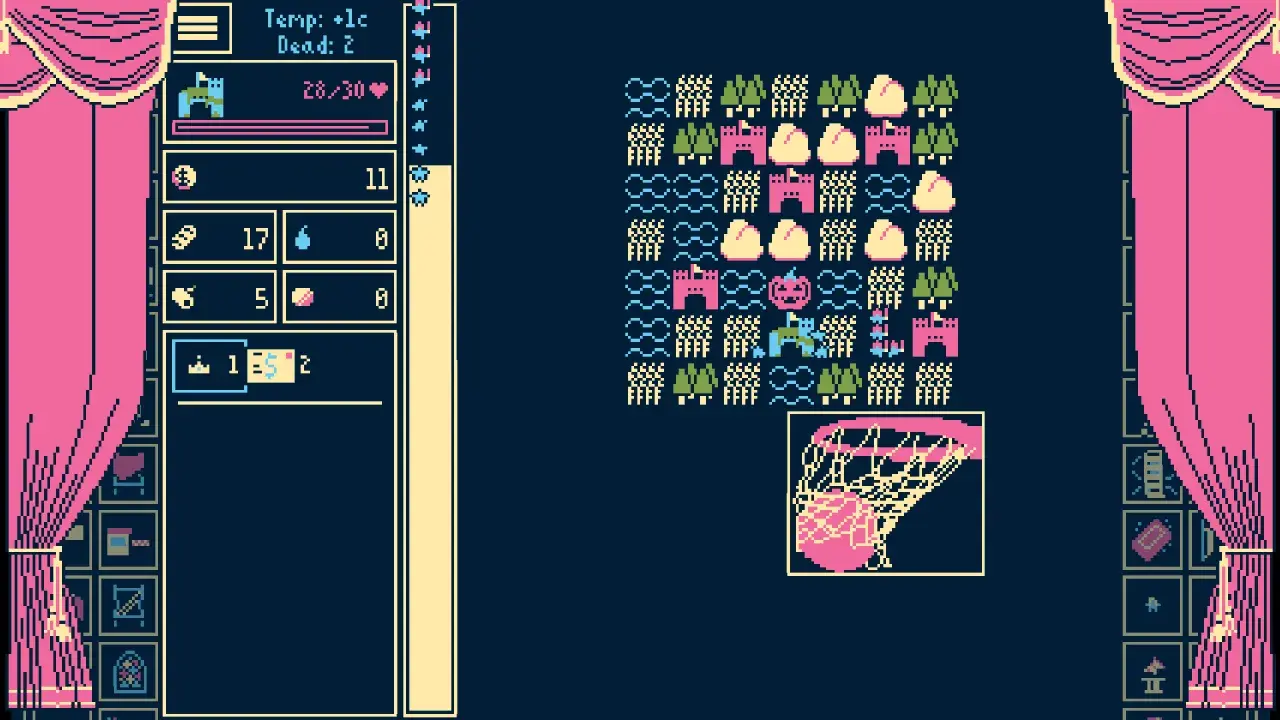 Pixel-Art-Spiel mit einer Spielfeldübersicht, die Burgen, Bäume und Wolken zeigt. Links sind die Spielstatistiken und eine Inventarleiste, die an Bühnenanweisungen erinnert.