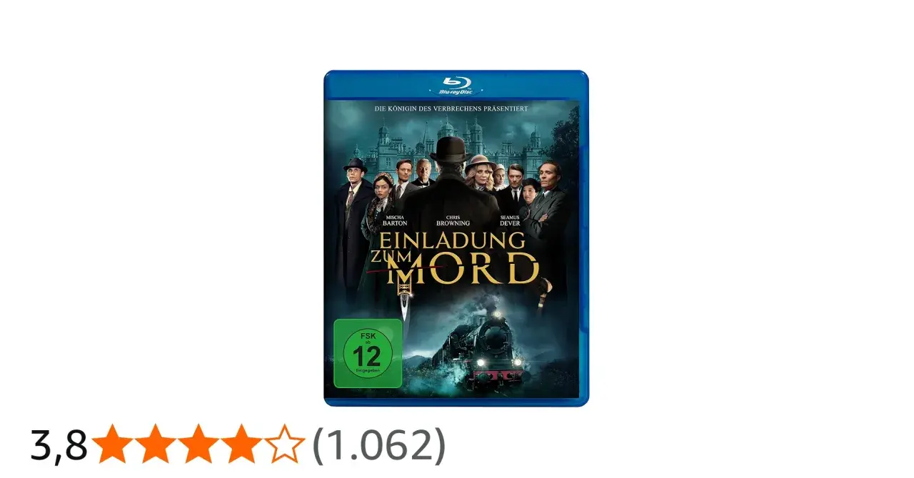 Blu-ray-Cover für den Film "Einladung zum Mord". Eine Gruppe von Personen steht vor einem Herrenhaus, eine Dampflokomotive fährt im Vordergrund.