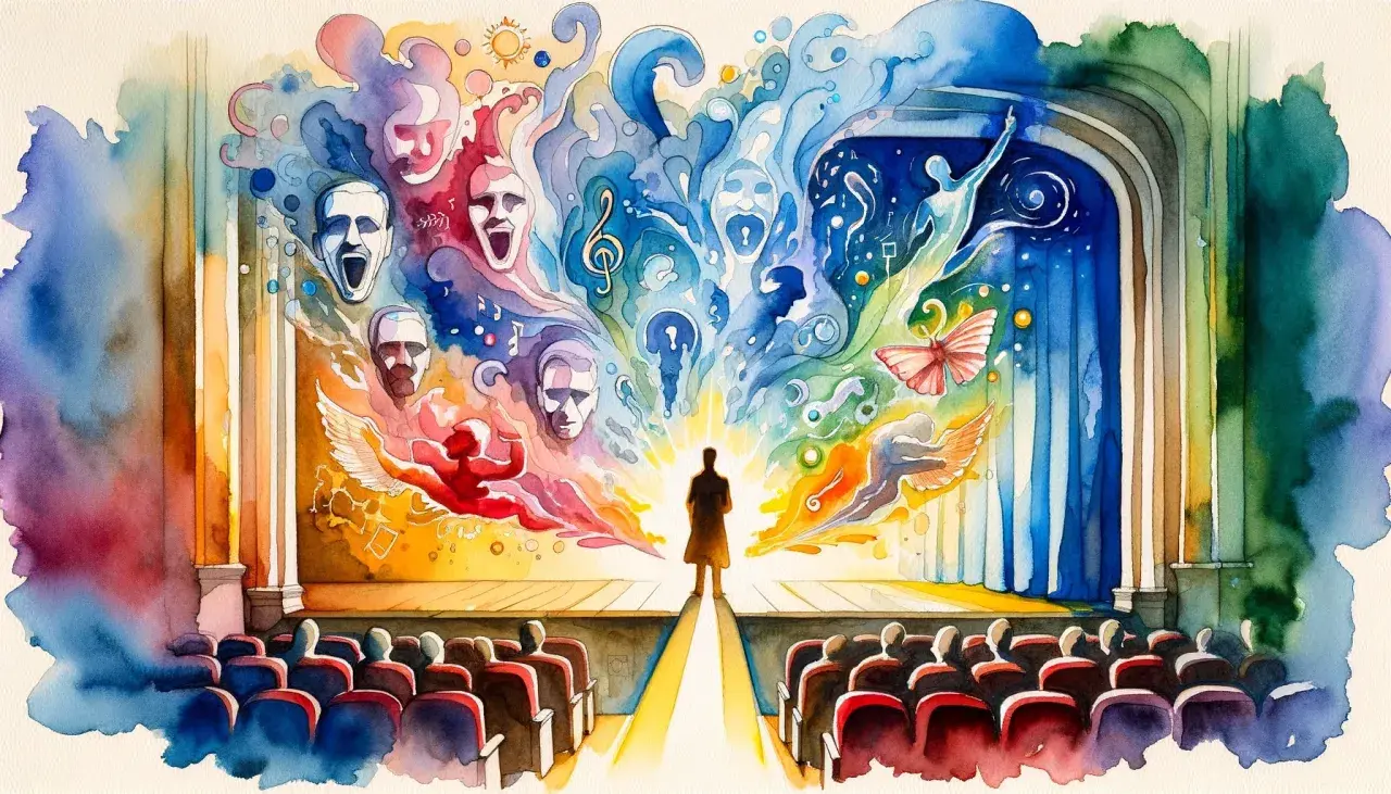 Ein Schauspieler auf der Bühne, umgeben von den Emotionen und Masken des Theaters, verkörpert die Essenz von "was ist Method Acting".