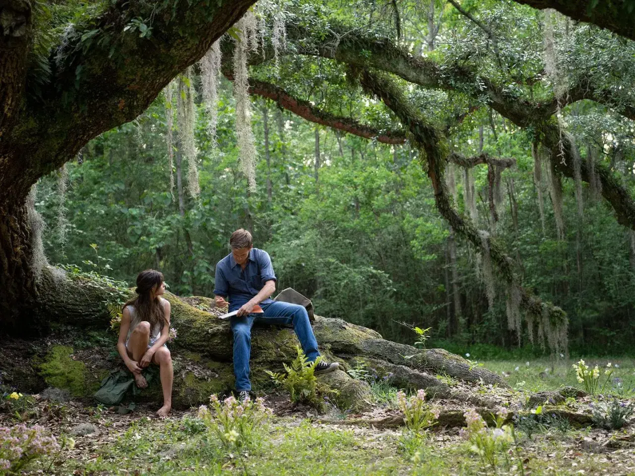 Ein Mann und eine Frau sitzen unter einem Baum im Wald. Szene aus dem Film "Der Gesang der Flusskrebse".
