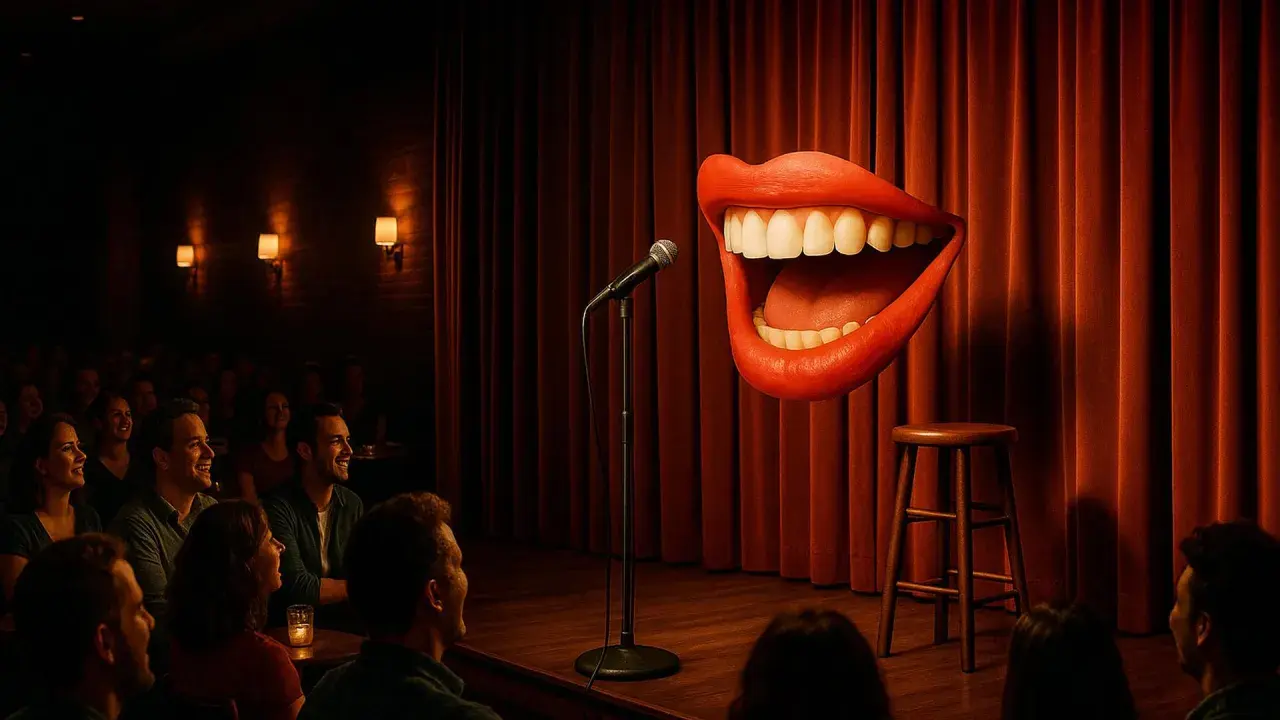 Ein riesiger Mund lacht auf der Bühne einer **Stand-up-Komödie**. Das Publikum amüsiert sich.