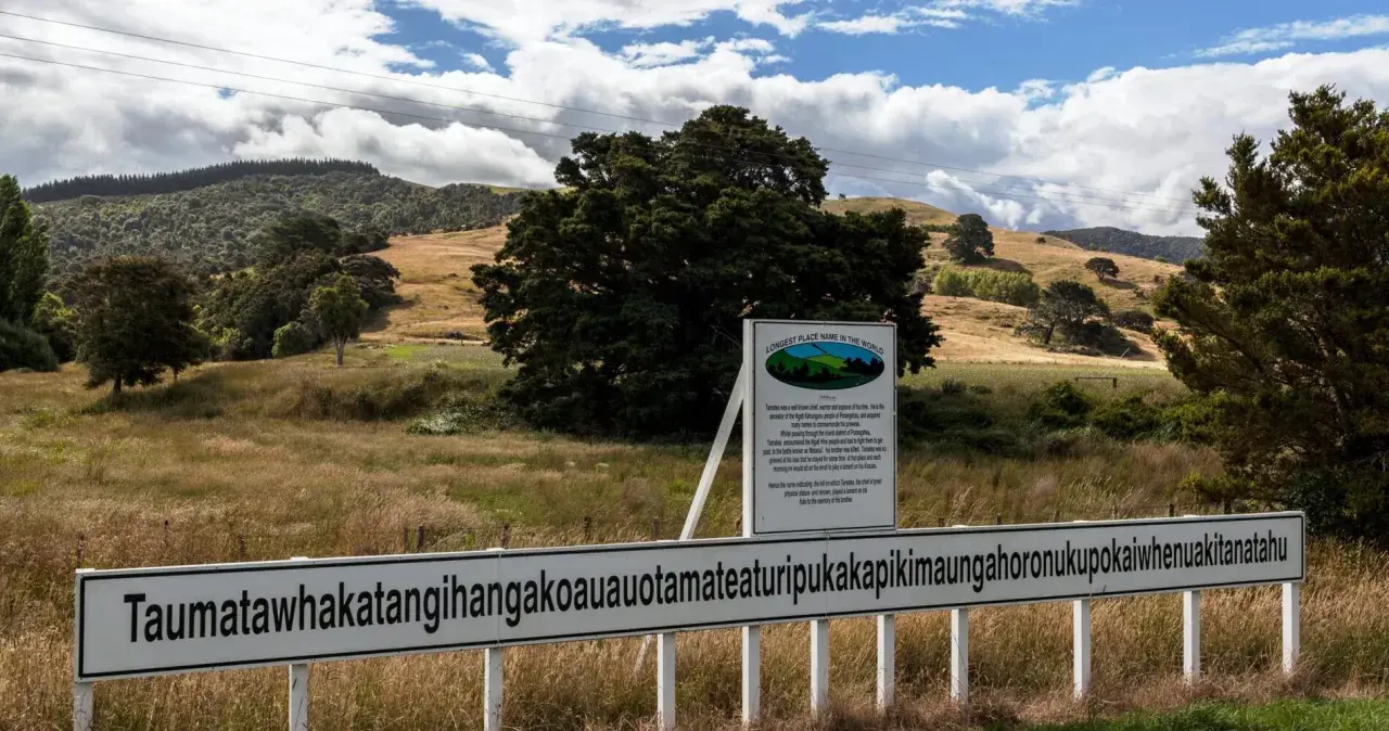 Schild mit dem längsten Ortsnamen der Welt, Taumatawhakatangihangakoauauotamateaturipukakapikimaungahoronukupokaiwhenuakitanatahu, vor einem Fichtendickicht. Ein Zungenbrecher in der Natur.