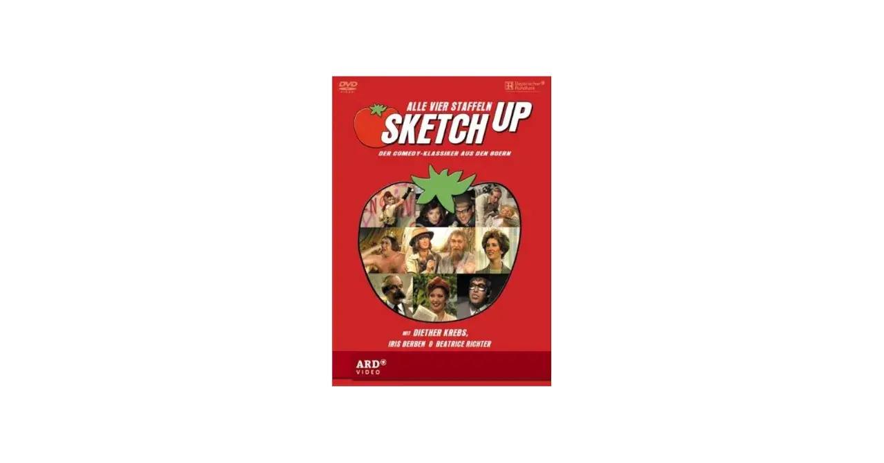 DVD-Cover für "Sketch Up", eine Comedy-Serie. Zeigt ein Mosaik aus Szenen und Darstellern, umgeben von einer roten Tomate.