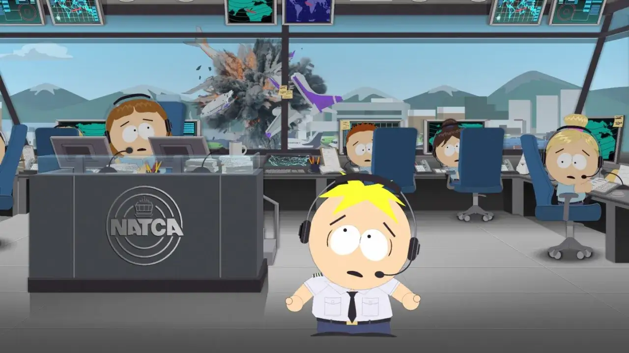 Chaos im Flugverkehrskontrollzentrum: Ein Flugzeug explodiert draußen. Butters, der Pilot, ist sichtlich geschockt. Szenen aus South Park Season 27.