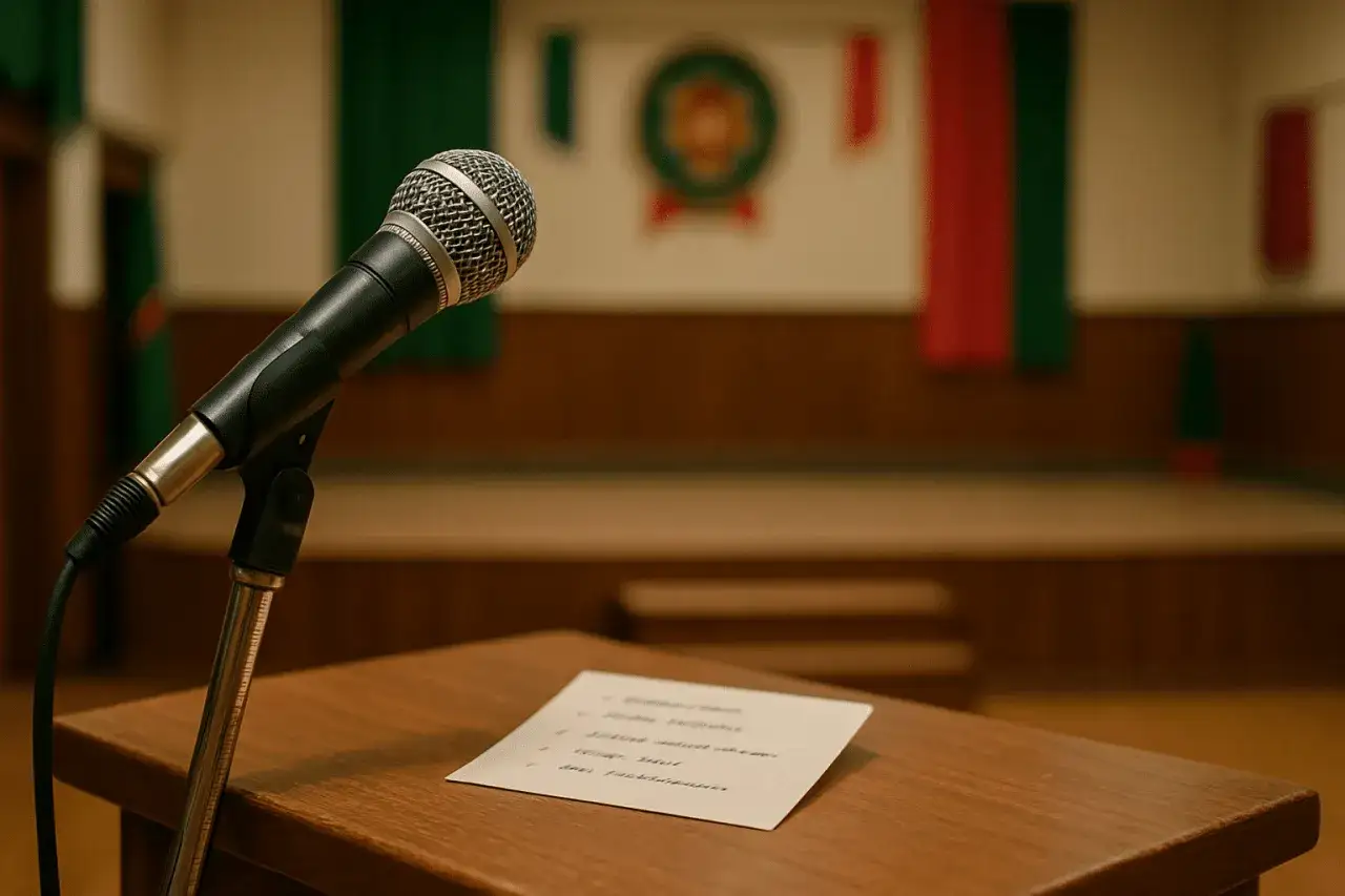 Mikrofon auf einem Podium, daneben ein Zettel mit Stichpunkten für eine Stegreifrede. Ein Beispiel für eine spontane Rede.