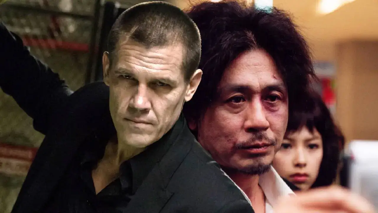 Josh Brolin und Choi Min-sik, die Hauptdarsteller der Besetzung von Oldboy, blicken ernst in die Kamera.
