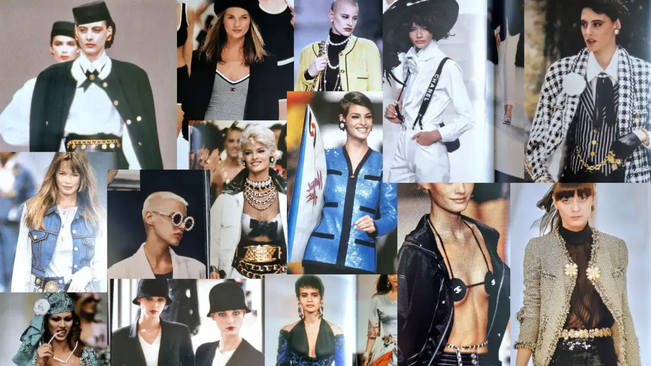 Modeikonen im Stil von Karl Lagerfeld: Models in eleganten Outfits, von Tweed bis Denim, auf einem Laufsteg.