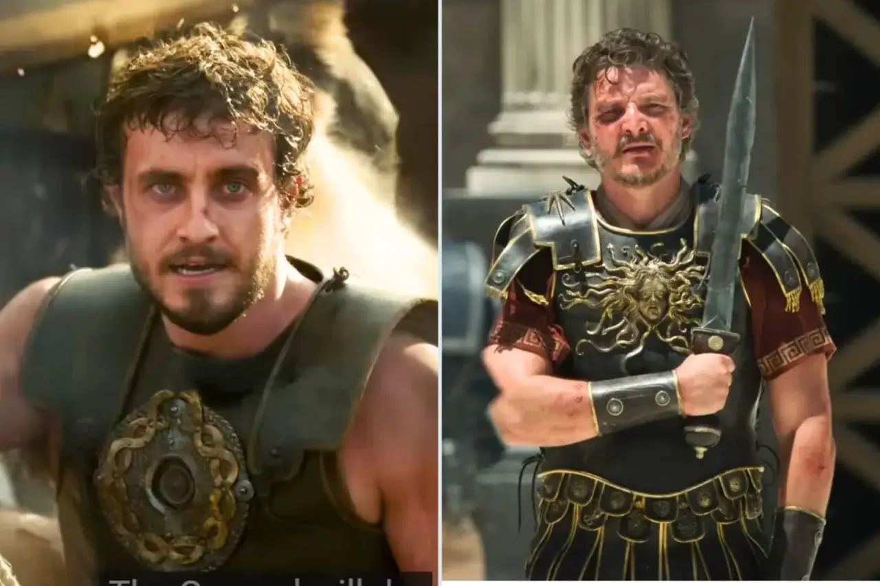 Zwei Männer in Rüstung: links ein junger Gladiator, rechts Pedro Pascal als römischer Soldat. Die Besetzung von Gladiator 2 verspricht Spannung.