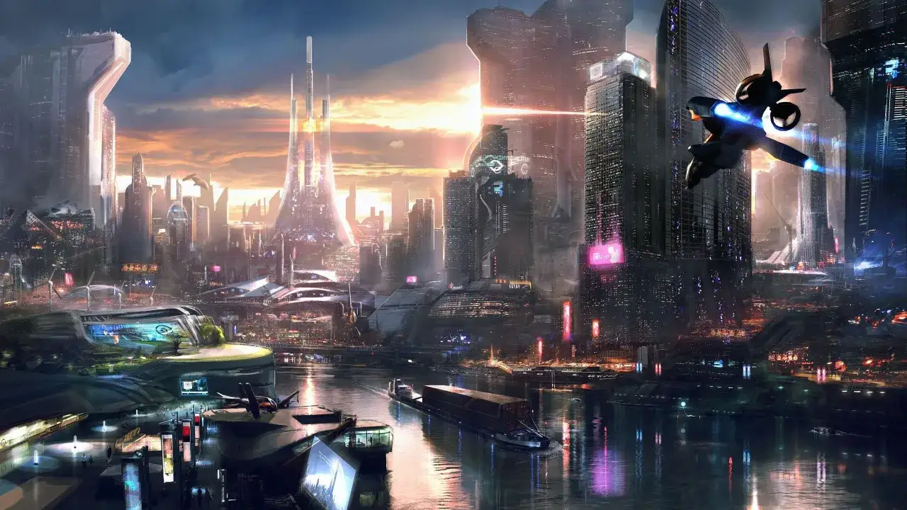 Futuristische Stadt bei Sonnenuntergang, inspiriert von der Foundation Serie. Ein Raumschiff fliegt über den Fluss, der von beleuchteten Wolkenkratzern gesäumt ist.