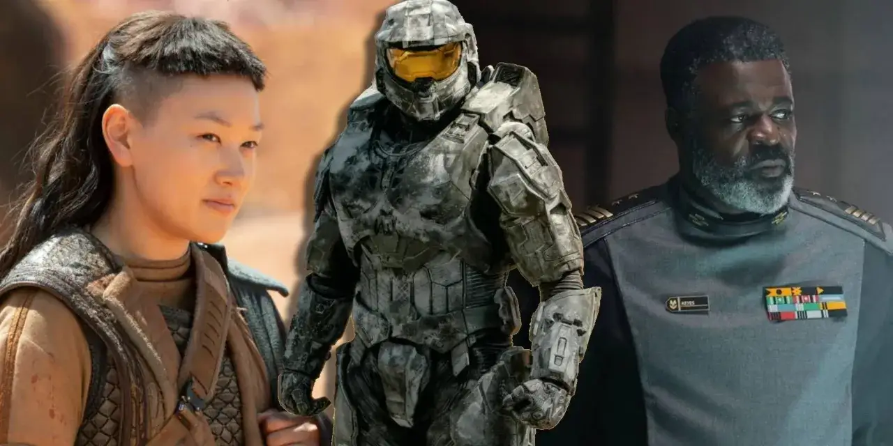 Die Besetzung von Halo (Fernsehserie): Eine junge Frau, ein Spartan-Soldat in Rüstung und ein Offizier im Gespräch.