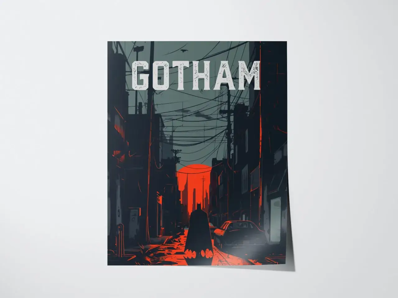 Die Silhouette von the batman steht in einer dunklen Gasse von Gotham City. Ein roter Sonnenuntergang beleuchtet die Szene.
