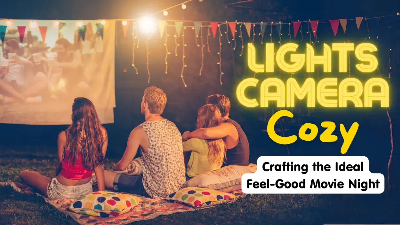 Freunde genießen einen lauen Sommerabend bei guten Laune Filmen unter freiem Himmel. Lichterketten und eine Leinwand schaffen gemütliche Atmosphäre.
