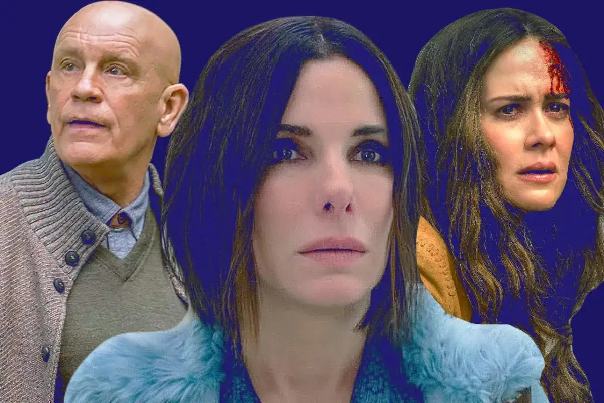 Die Hauptdarsteller der Besetzung von Bird Box: Sandra Bullock, John Malkovich und Sarah Paulson, die eine blutende Wunde hat.