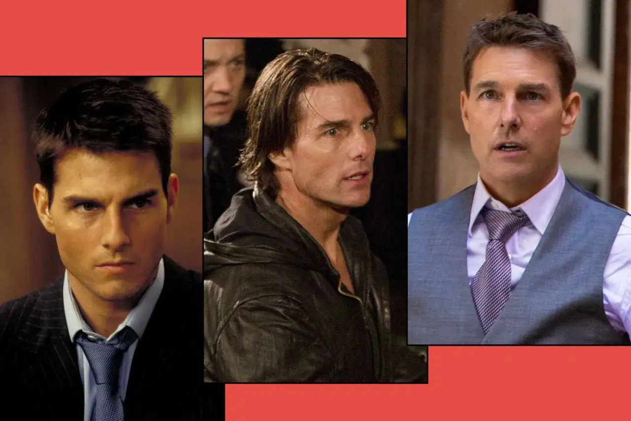 Tom Cruise in drei Looks, die an die Mission Impossible Reihenfolge erinnern: Anzug, Lederjacke und Weste.