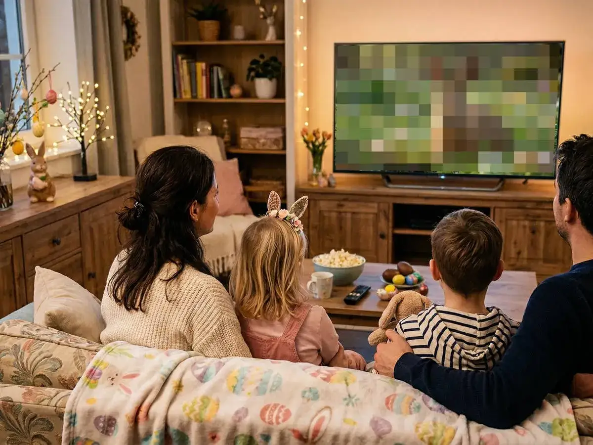 Familie schaut einen lustigen osterfilm kinder. Popcorn und Schokoeier liegen bereit.