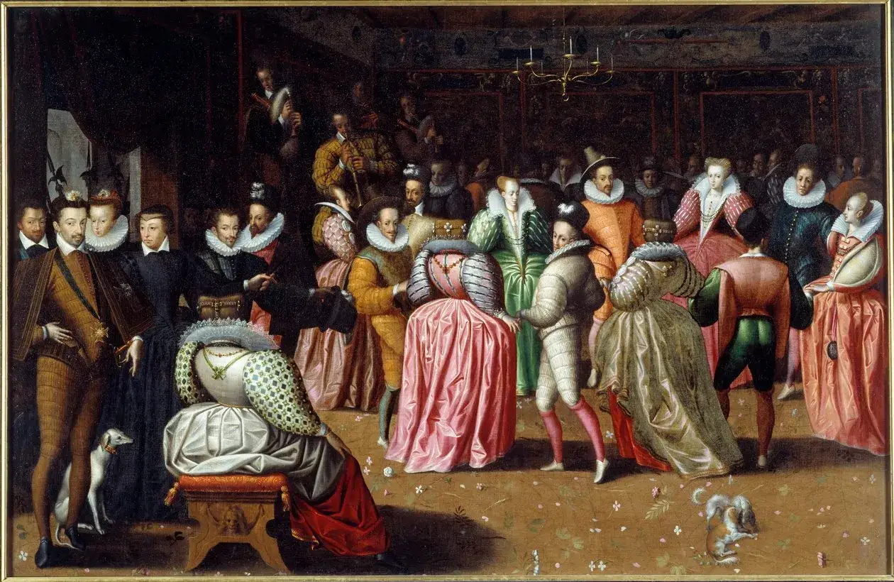 Ein pr&auml;chtiger Ball im 16. Jahrhundert. Die Damen tragen aufwendige Kleider, die an die Schuppen der Schlangenk&ouml;nigin erinnern.