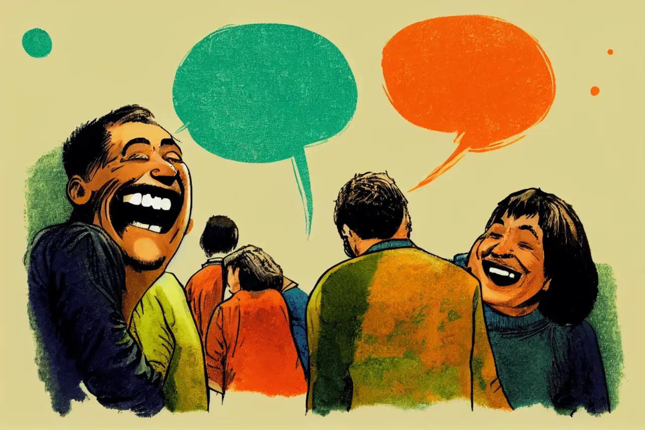 Menschen lachen herzhaft, als ob jemand gerade Witze macht. Sprechblasen deuten auf Dialoge hin.